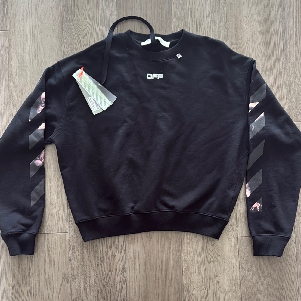 Off-White Black Crewneck Sweater Unisex with design on Sleeves and back size L